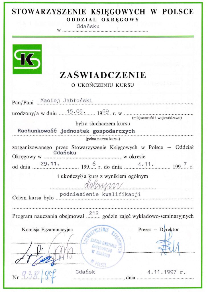 Zaświadczenie o ukończeniu kursu "Rachunkowość jednostek gospodarczych" w Stowarzyszeniu Księgowych w Gdańsku przez Macieja Jabłońskiego - właściciela firmy Europrojekt