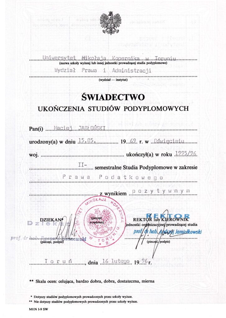 Świadectwo Ukończenia Studiów Podyplomowych na UMK w Toruniu z prawa podatkowego przez Macieja Jabłońskiego - właściciela firmy Europrojekt