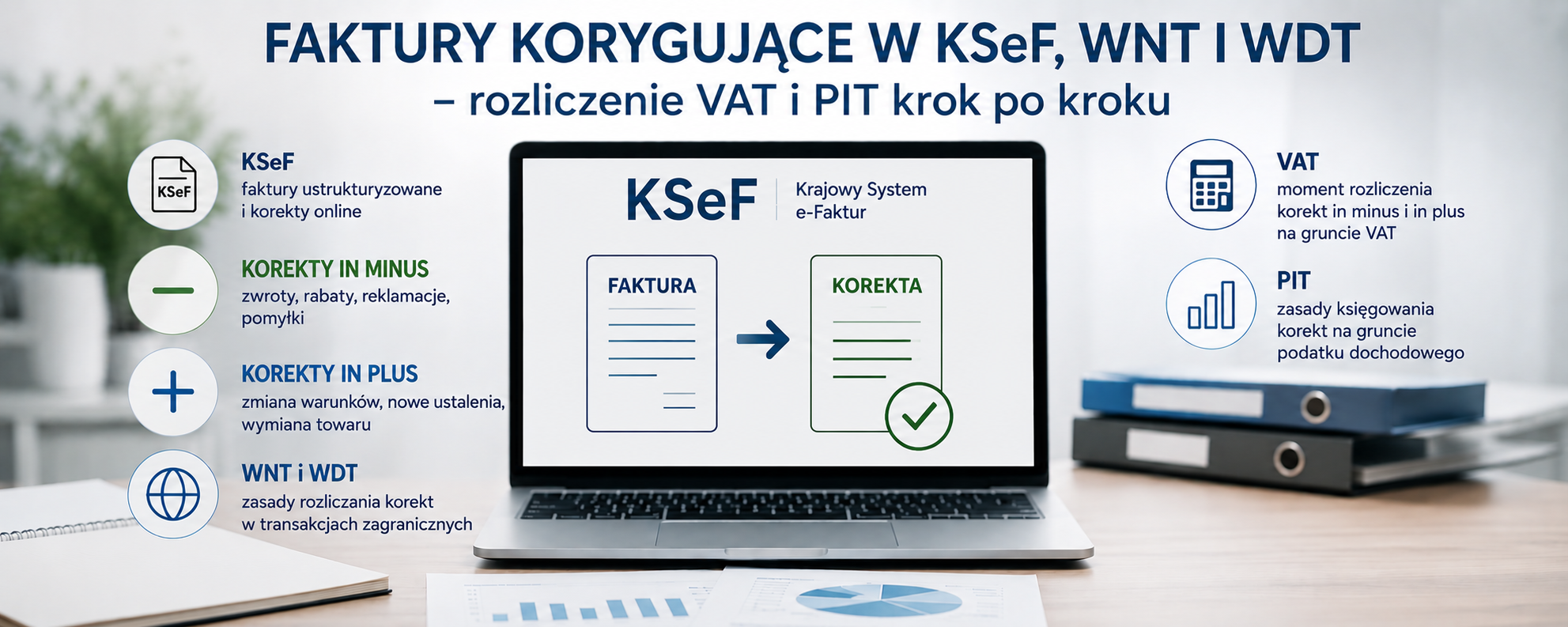 Na obrazku widoczny laptop a na nim faktura oraz jej korekta w KSeF